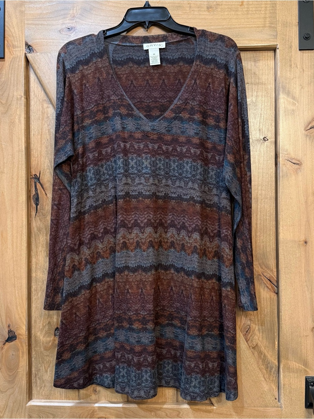 Orvis Women's V-Neck Long Sleeve Patterned Tunic Top Sz M - Brown Blue Gray